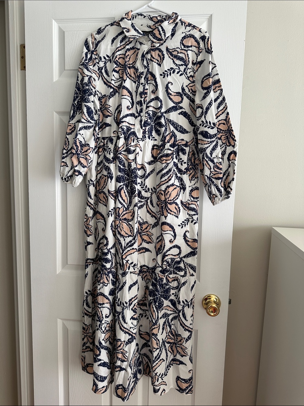 Rachel Zoe White Maxi Dress with Navy and Blush Leaf Print